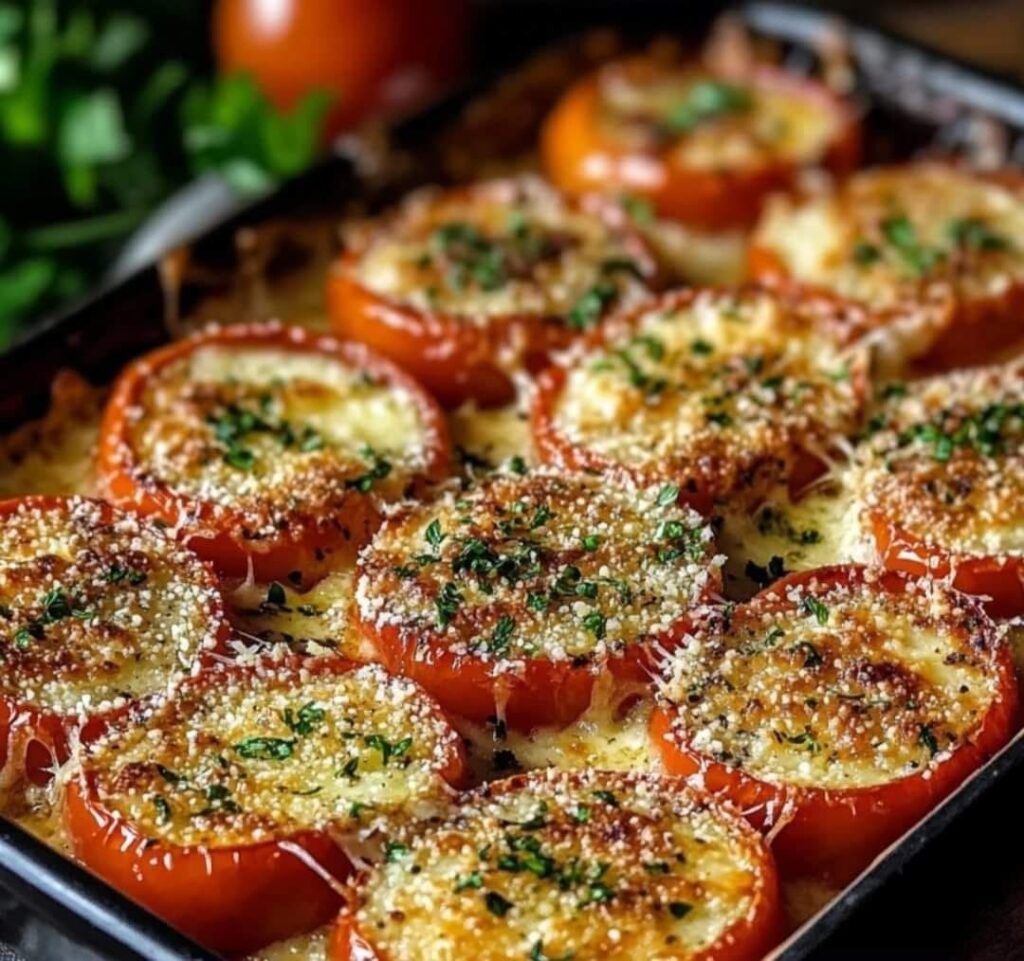 Tomates gratinées au parmesan, dorées et croustillantes, servies dans un plat de cuisson.