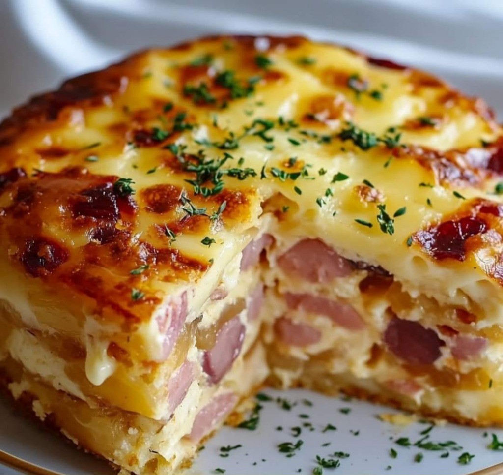 Cake au jambon et au gruyère râpé, doré et moelleux, coupé en tranches et servi sur une planche en bois.