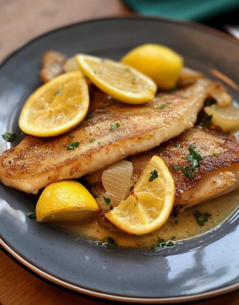 Sole meunière servie avec un beurre noisette au citron et du persil frais.