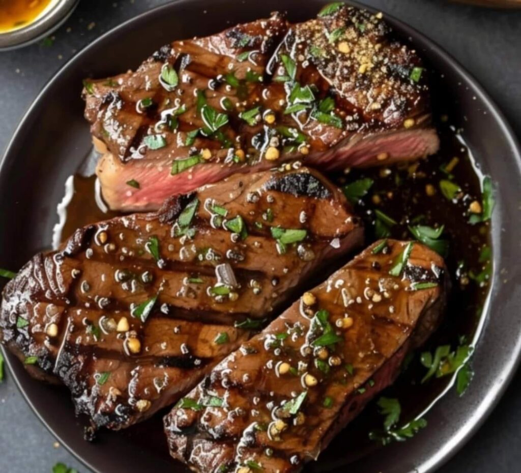 Steak juteux mariné au balsamique, ail et cassonade, grillé à la perfection et servi avec un accompagnement gourmand.