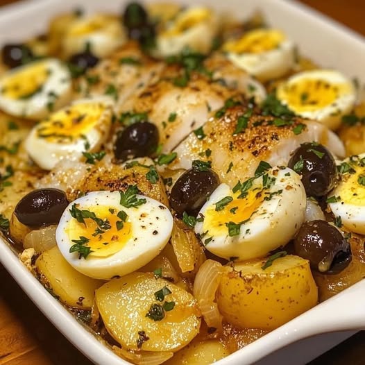 Plat traditionnel portugais de Bacalhau à la portugaise, composé de morue émiettée, pommes de terre en rondelles, œufs durs, olives noires et persil frais, servi dans un plat à gratin doré au four.