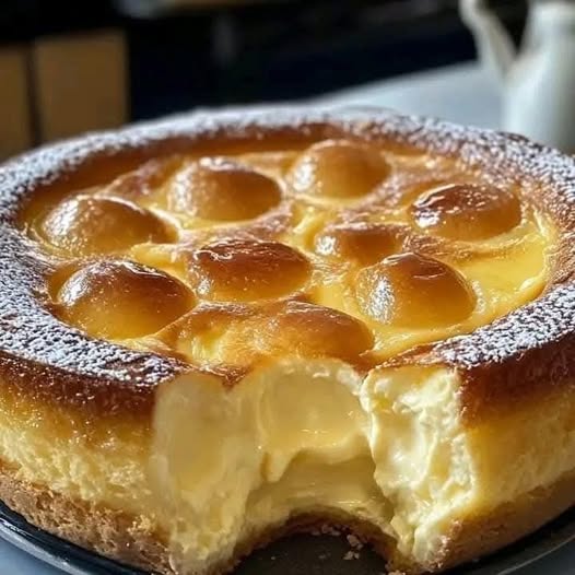 Gâteau crémeux au yaourt, doré et moelleux, présenté sur une assiette, avec une texture légère et fondante, idéal pour un goûter ou un dessert gourmand.