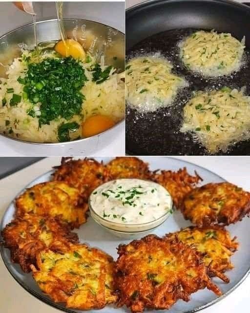 Beignets de pommes de terre dorés et croustillants, servis avec une sauce crémeuse au yaourt, citron et concombre, sur une assiette garnie d’herbes fraîches.