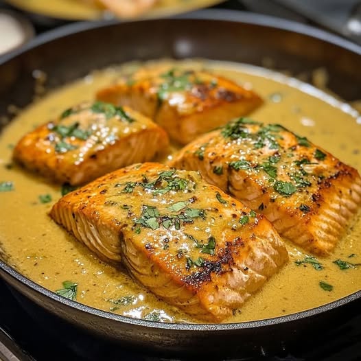 Saumon au curry et lait de coco, nappé d’une sauce crémeuse épicée, garni de coriandre fraîche, servi dans une assiette avec une touche de citron.