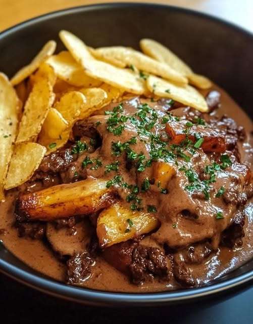Assiette de carbonade flamande servie avec des frites dorées et croustillantes, nappée d’une sauce onctueuse à la bière et au pain d’épices.
