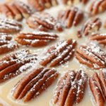 Tarte croquante vanille & pécan avec une ganache montée aérienne et un croustillant praliné, décorée d’éclats de noix de pécan et de praliné.