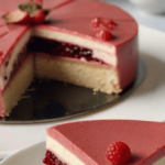 Un entremets aux fruits rouges élégant composé de trois couches : un biscuit moelleux, une mousse onctueuse aux fruits rouges et un miroir brillant, décoré avec des fraises, framboises et myrtilles fraîches.