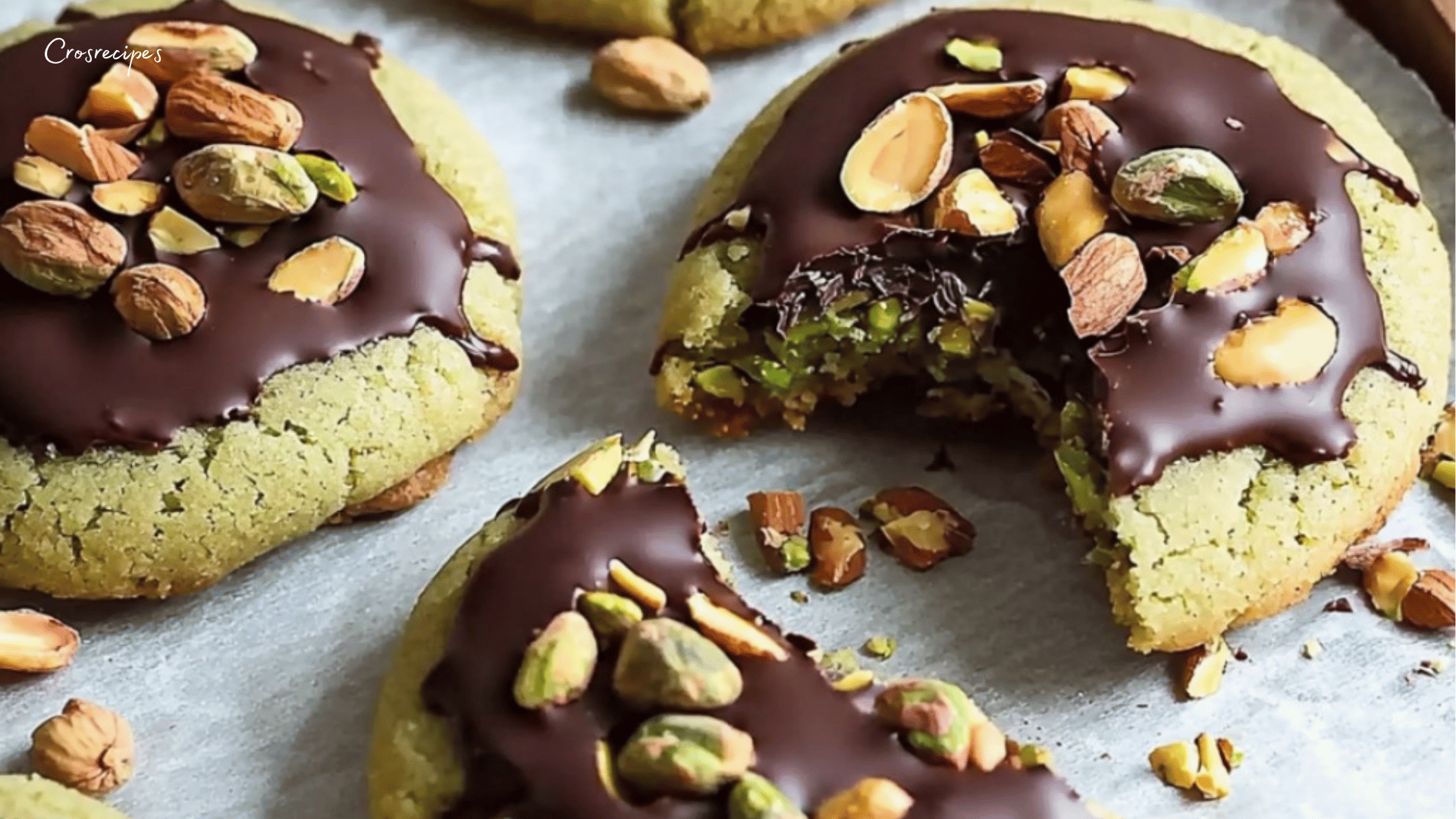 Cookies dorés et moelleux aux éclats de pistache et pépites de chocolat noir, disposés sur une assiette avec quelques pistaches entières et des morceaux de chocolat.