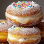 Beignets dorés et moelleux, garnis d’une crème onctueuse à la vanille, saupoudrés de sucre et de cannelle, présentés sur une assiette.