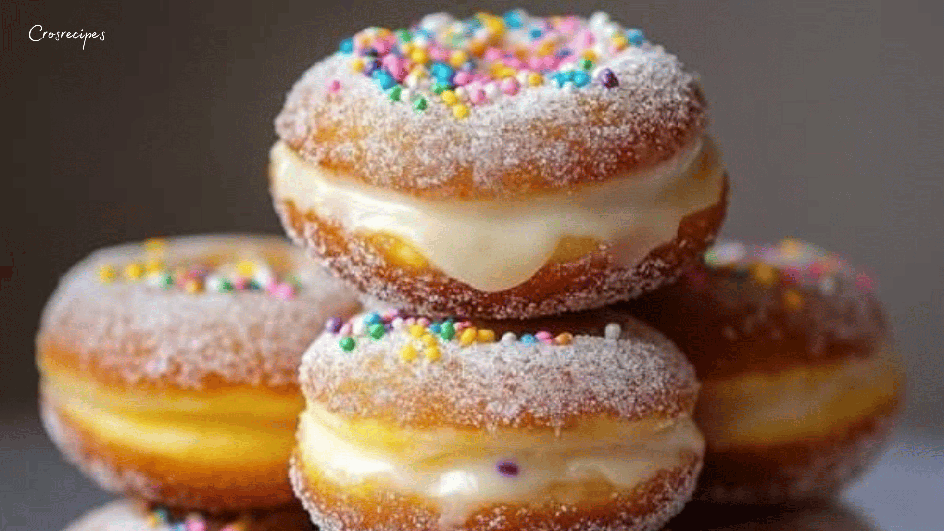 Beignets dorés et moelleux, garnis d’une crème onctueuse à la vanille, saupoudrés de sucre et de cannelle, présentés sur une assiette.