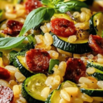 Risotto aux courgettes et chorizo crémeux, servi dans une assiette avec du parmesan râpé et du basilic frais.