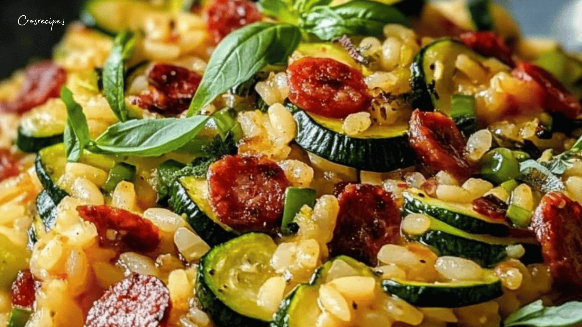 Risotto aux courgettes et chorizo crémeux, servi dans une assiette avec du parmesan râpé et du basilic frais.