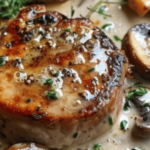 Filet mignon nappé de sauce au Boursin et champignons, servi avec des tagliatelles et du persil frais.