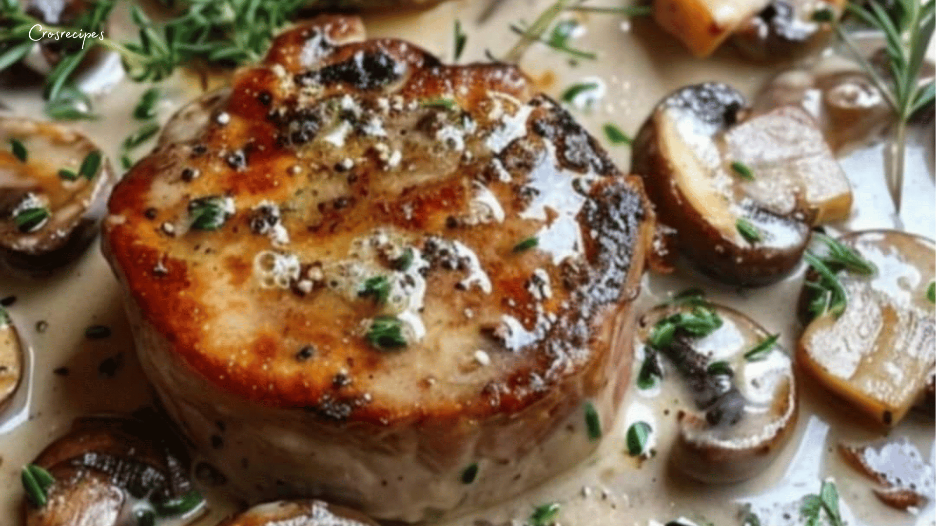 Filet mignon nappé de sauce au Boursin et champignons, servi avec des tagliatelles et du persil frais.