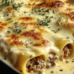 Plat de cannellonis gratinés avec une sauce béchamel crémeuse et du fromage fondu, servi dans un plat à gratin.