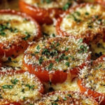 Tomates gratinées au parmesan, dorées et croustillantes, servies dans un plat de cuisson.