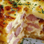 Cake au jambon et au gruyère râpé, doré et moelleux, coupé en tranches et servi sur une planche en bois.