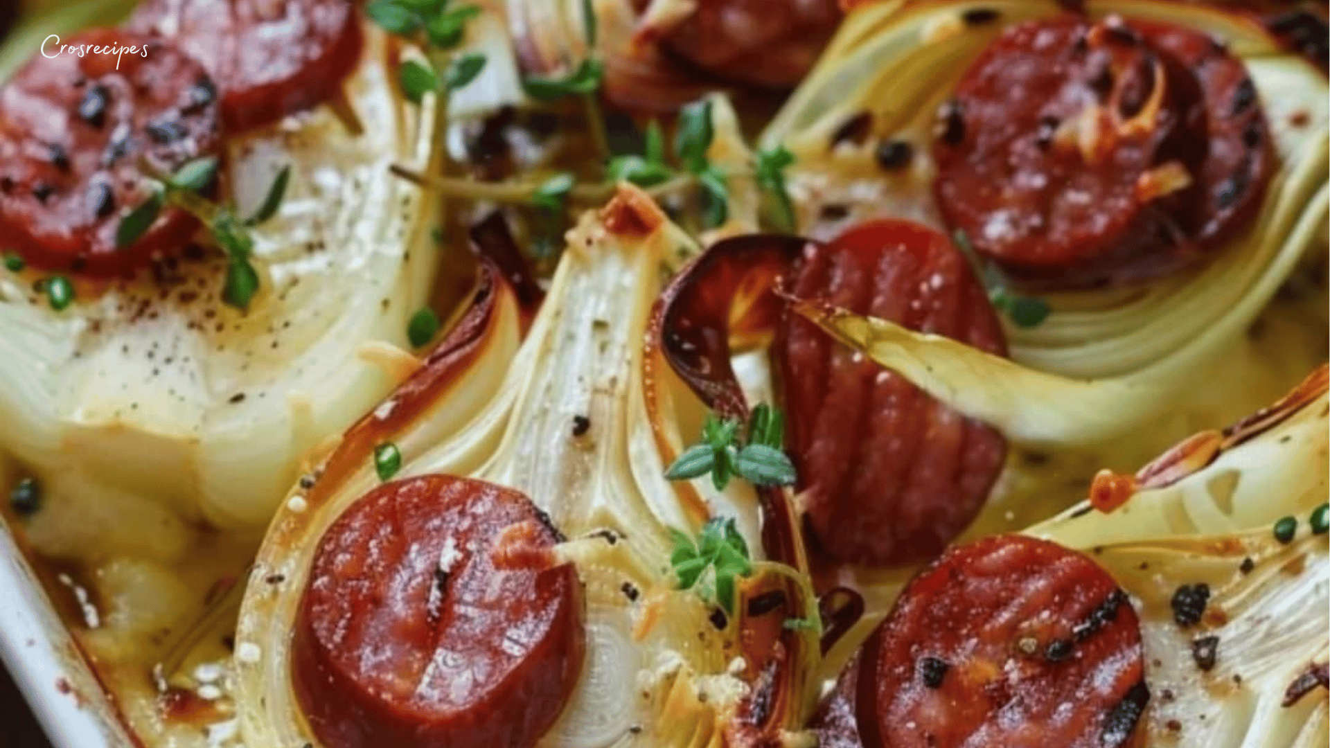 Gratin d’endives fondantes aux saucisses fumées, nappé de crème fraîche et de gruyère, dans un plat au four doré et appétissant.