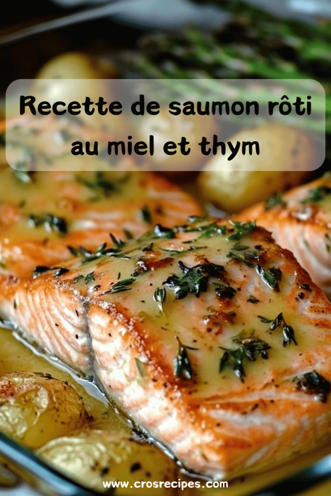 Saumon rôti au miel et thym, accompagné de pommes de terre dorées et d'asperges croquantes, servi avec un filet de citron et une garniture de thym frais.