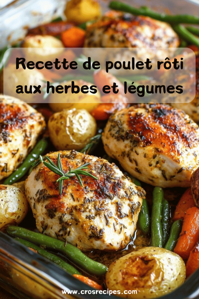 Poulet rôti aux herbes avec pommes de terre, carottes et haricots verts, servi dans un plat rustique avec des brins de romarin.