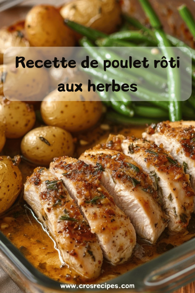 Poulet rôti doré avec pommes de terre fondantes et haricots verts croquants, servi avec une garniture de thym frais.