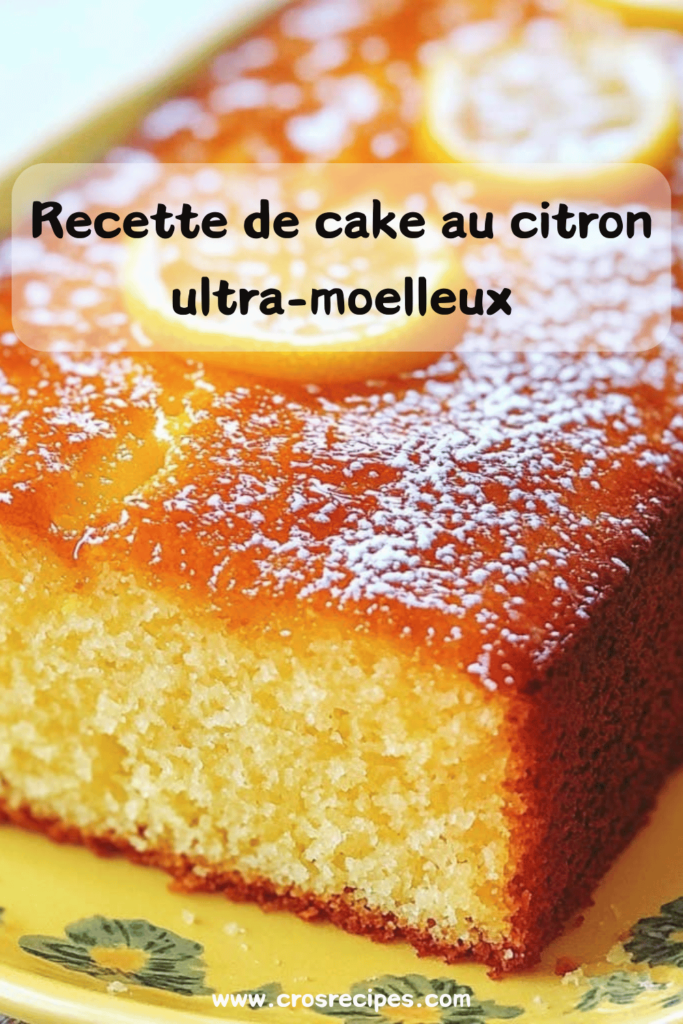 Cake au citron ultra-moelleux avec une croûte dorée et une texture légère, posé sur une assiette avec quelques tranches de citron à côté.