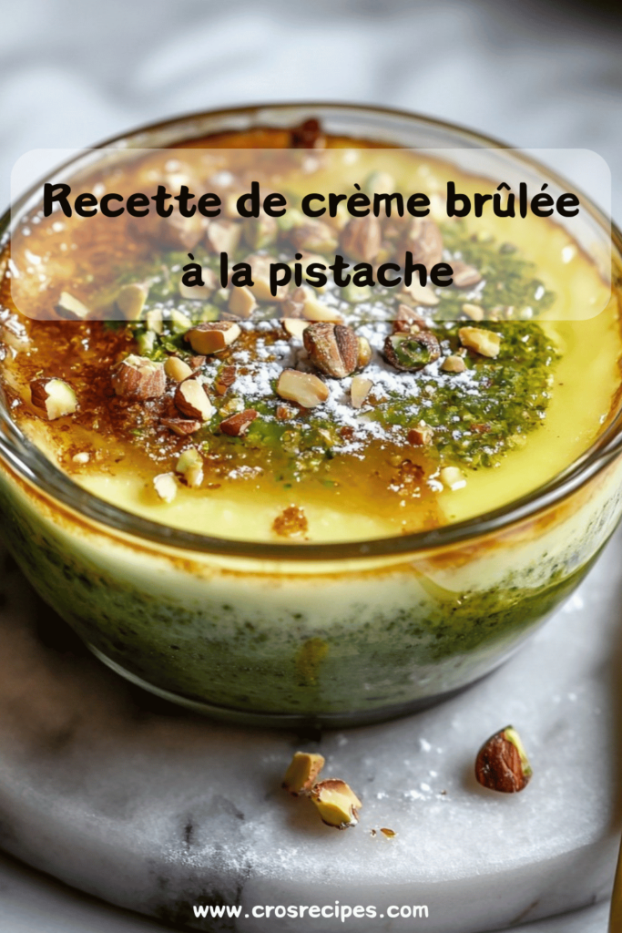 Crème brûlée à la pistache, dorée et croustillante sur le dessus, parsemée de pistaches concassées dans un ramequin blanc.