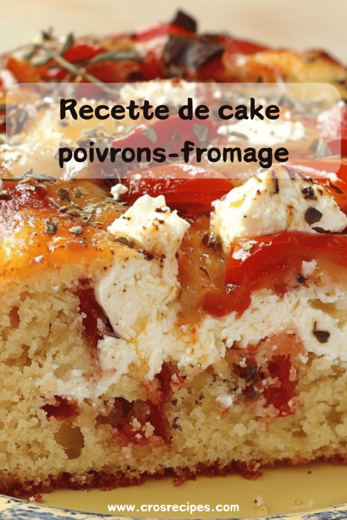 Cake salé aux poivrons rouges et au fromage, doré sur le dessus, tranché et servi sur une planche en bois.