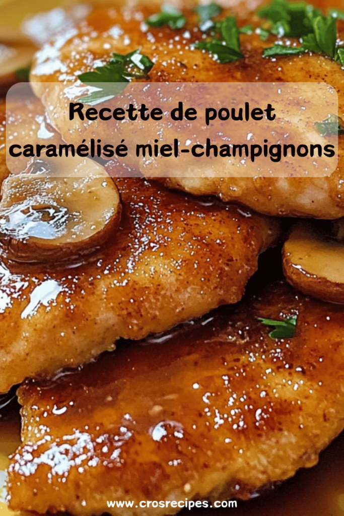 Poulet caramélisé au miel et champignons dans une poêle, nappé d’une sauce brillante.