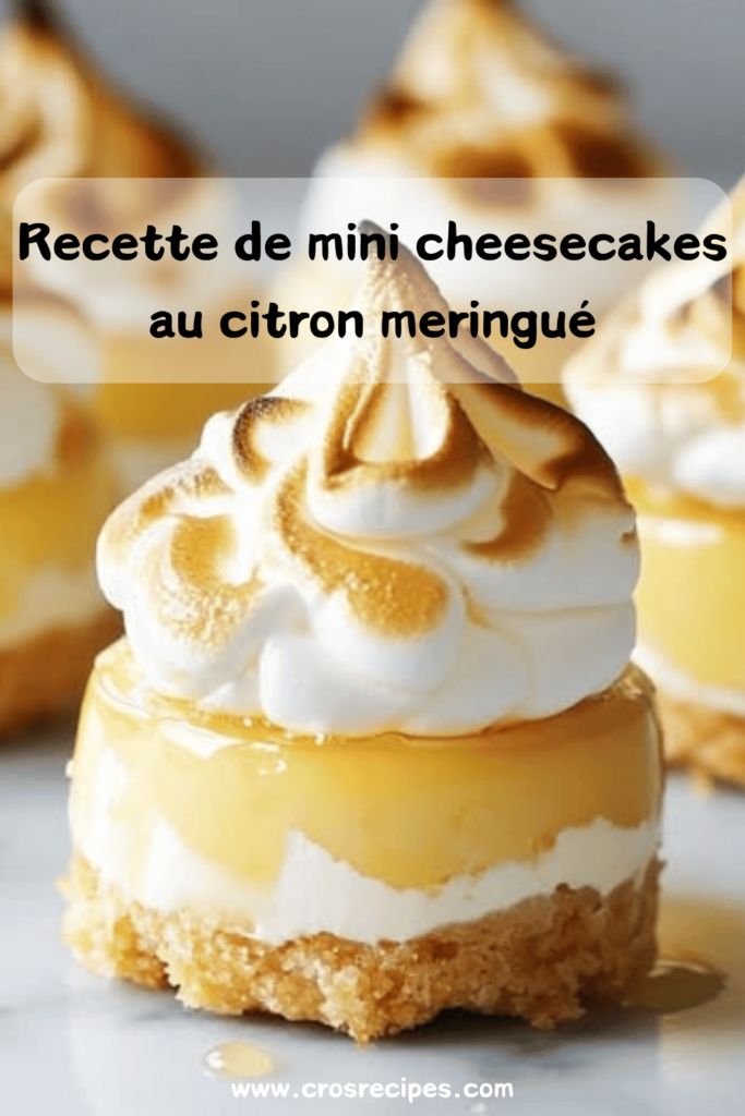 Mini cheesecakes au citron meringué avec une meringue dorée et une base biscuitée croustillante.