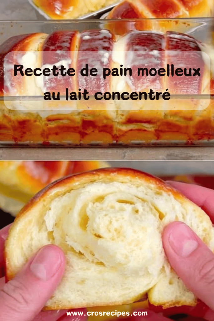 Pain moelleux au lait concentré avec une croûte dorée et brillante, servi en tranches.