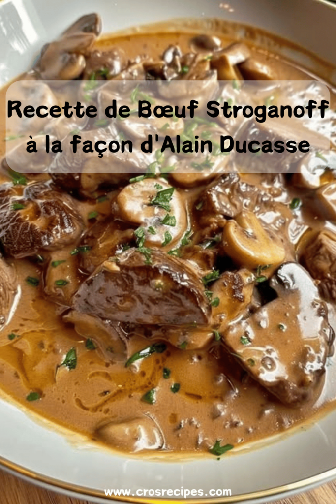 Bœuf Stroganoff servi dans une assiette, nappé de sauce crémeuse, accompagné de riz blanc et garni de persil frais.