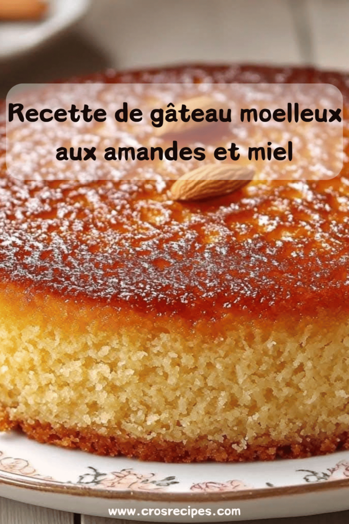 Gâteau moelleux aux amandes et miel doré, saupoudré de sucre glace, avec des amandes effilées grillées sur le dessus.