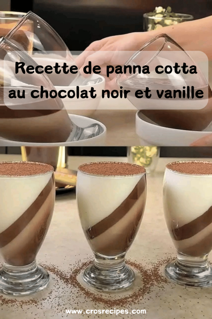 Panna cotta bicolore dans une verrine, avec une couche de chocolat noir intense et une couche de vanille crémeuse, décorée de cacao en poudre.