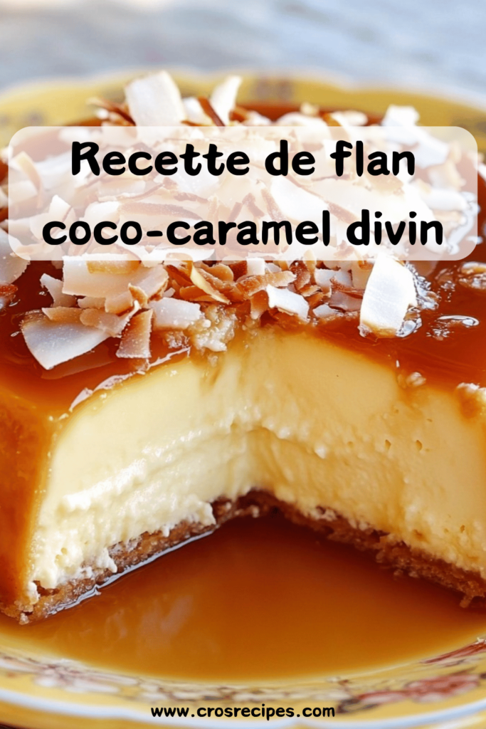 Flan coco caramel doré servi sur une assiette avec copeaux de noix de coco