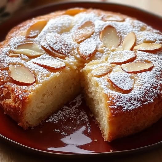 Gâteau moelleux aux amandes et poires, saupoudré de sucre glace, servi sur une assiette avec des morceaux de poire fraîche.