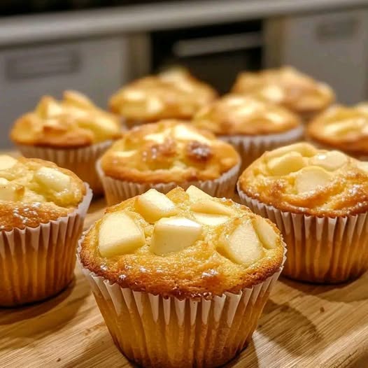 Des muffins fondants aux pommes avec une texture moelleuse, saupoudrés d’une pincée de cannelle, disposés sur une grille de refroidissement.