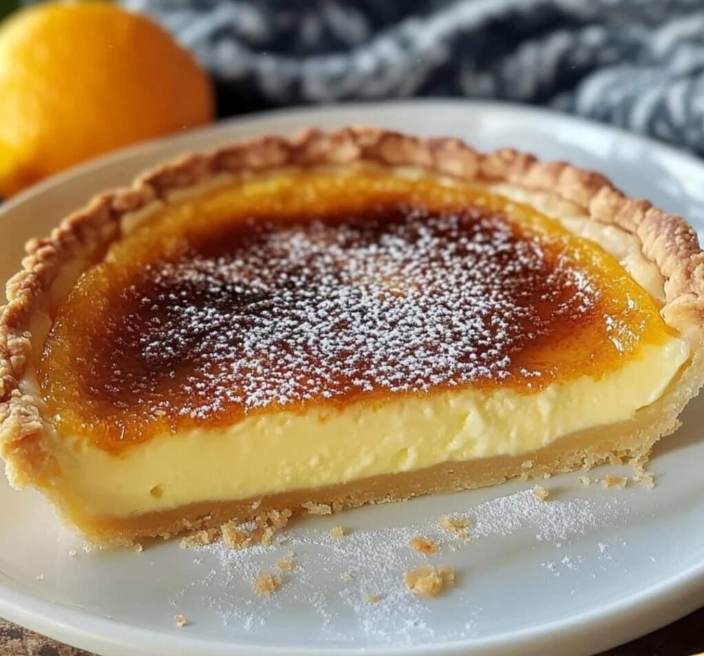 Une tarte façon crème brûlée avec une surface caramélisée dorée et brillante, servie sur une assiette avec des zestes d’orange en décoration.