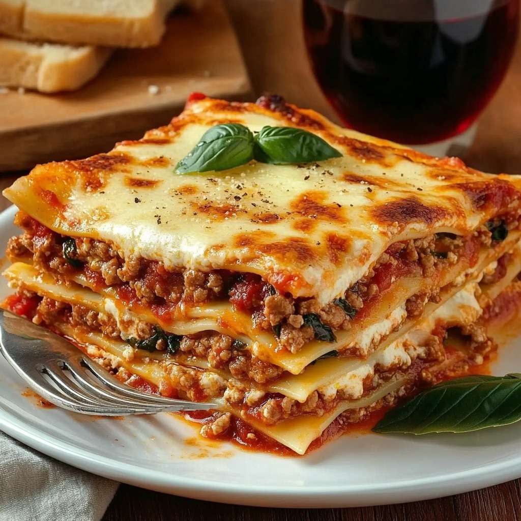 Plat de lasagnes gratinées à la bolognaise avec une croûte dorée et fondante, servi dans un plat à gratin.