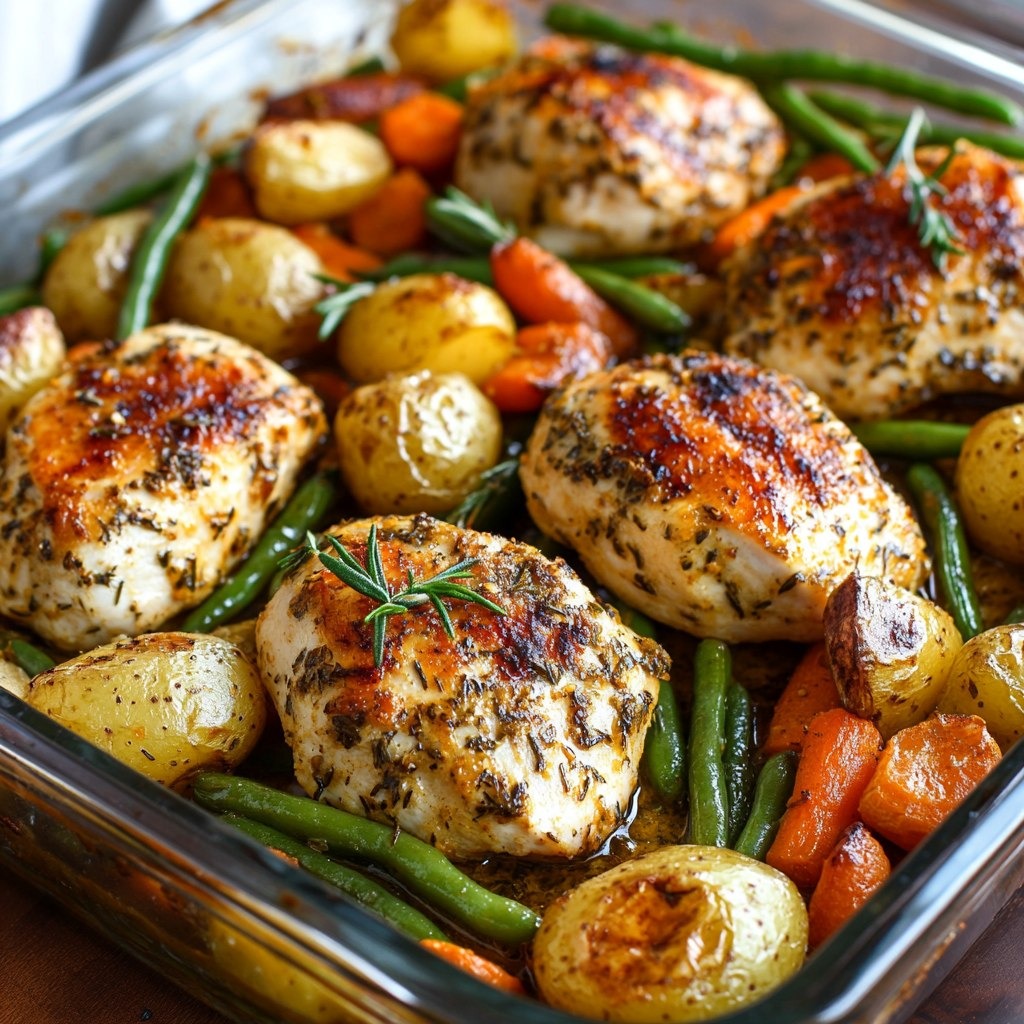 Poulet rôti aux herbes avec pommes de terre, carottes et haricots verts, servi dans un plat rustique avec des brins de romarin.