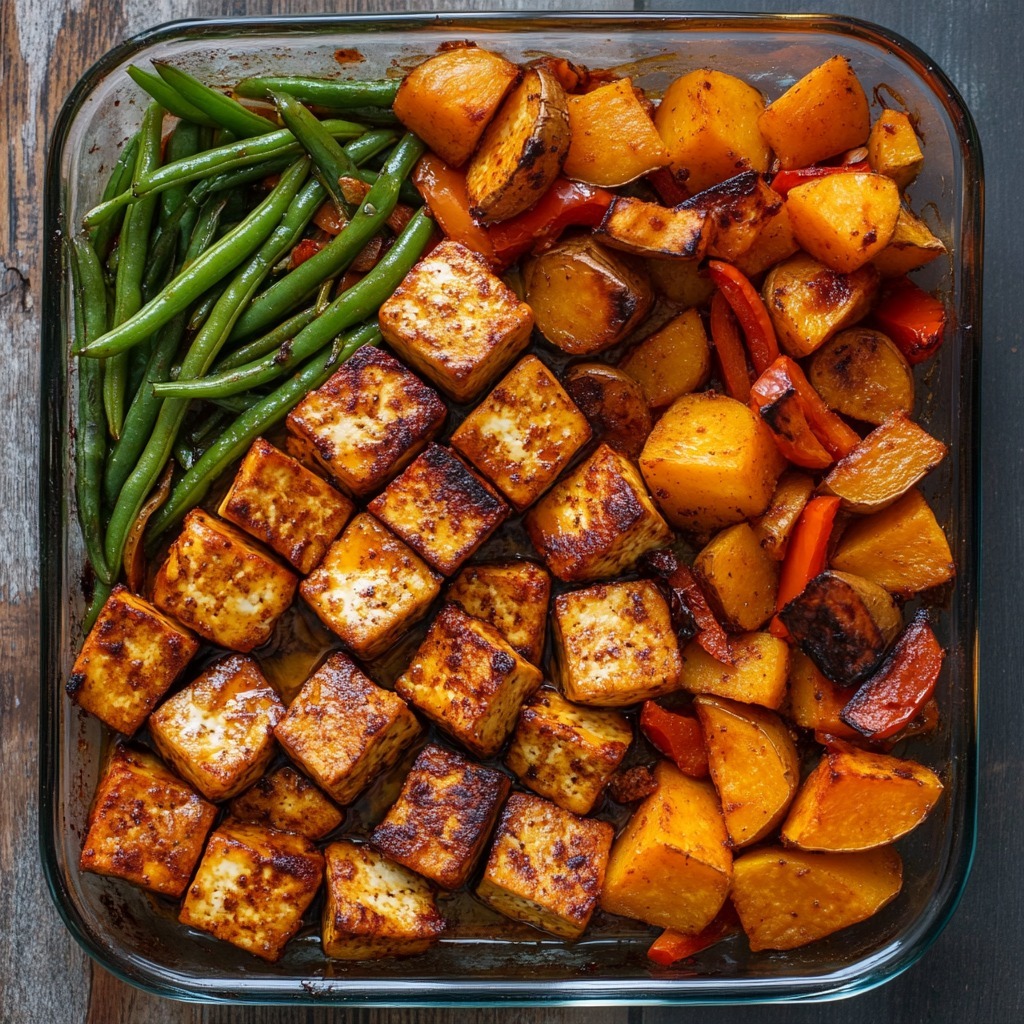 Tofu caramélisé doré accompagné de patates douces, pommes de terre et poivrons rouges rôtis, servi avec un filet de citron et des graines de sésame.