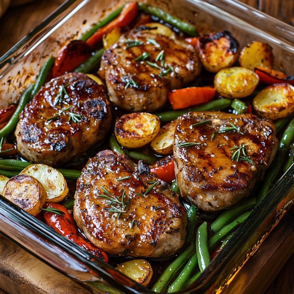 Côtelettes de porc caramélisées au miel et romarin, servies avec des pommes de terre grenailles, haricots verts et poivrons rôtis, garnies de romarin frais.