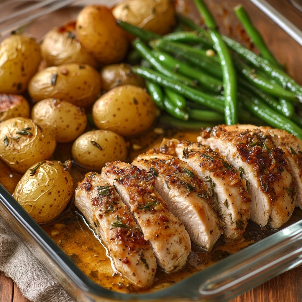 Poulet rôti doré avec pommes de terre fondantes et haricots verts croquants, servi avec une garniture de thym frais.