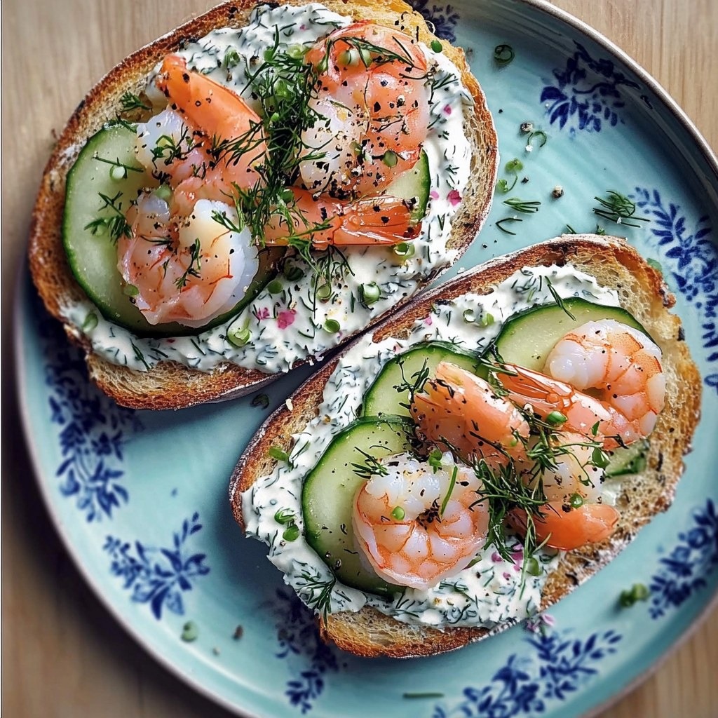 Tartines de pain de campagne garnies de fromage frais, concombres, crevettes et herbes fraîches, servies avec un filet de citron.