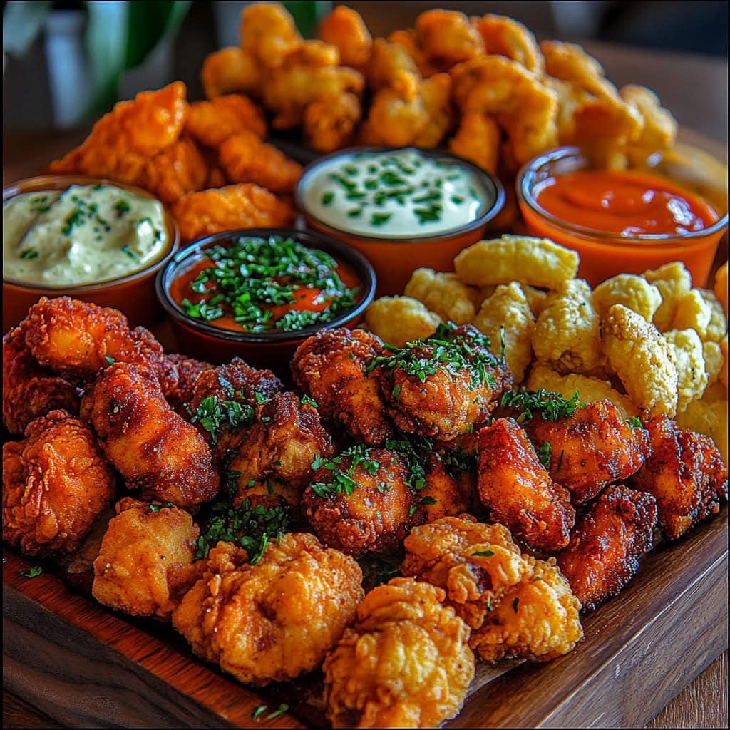 Poulet croustillant doré, bouchées épicées et fromage frit, servi avec des sauces maison dans des petits bols.