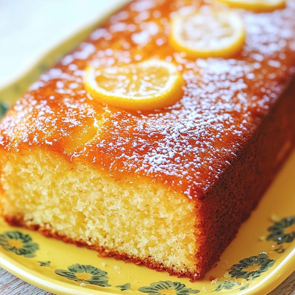 Cake au citron ultra-moelleux avec une croûte dorée et une texture légère, posé sur une assiette avec quelques tranches de citron à côté.