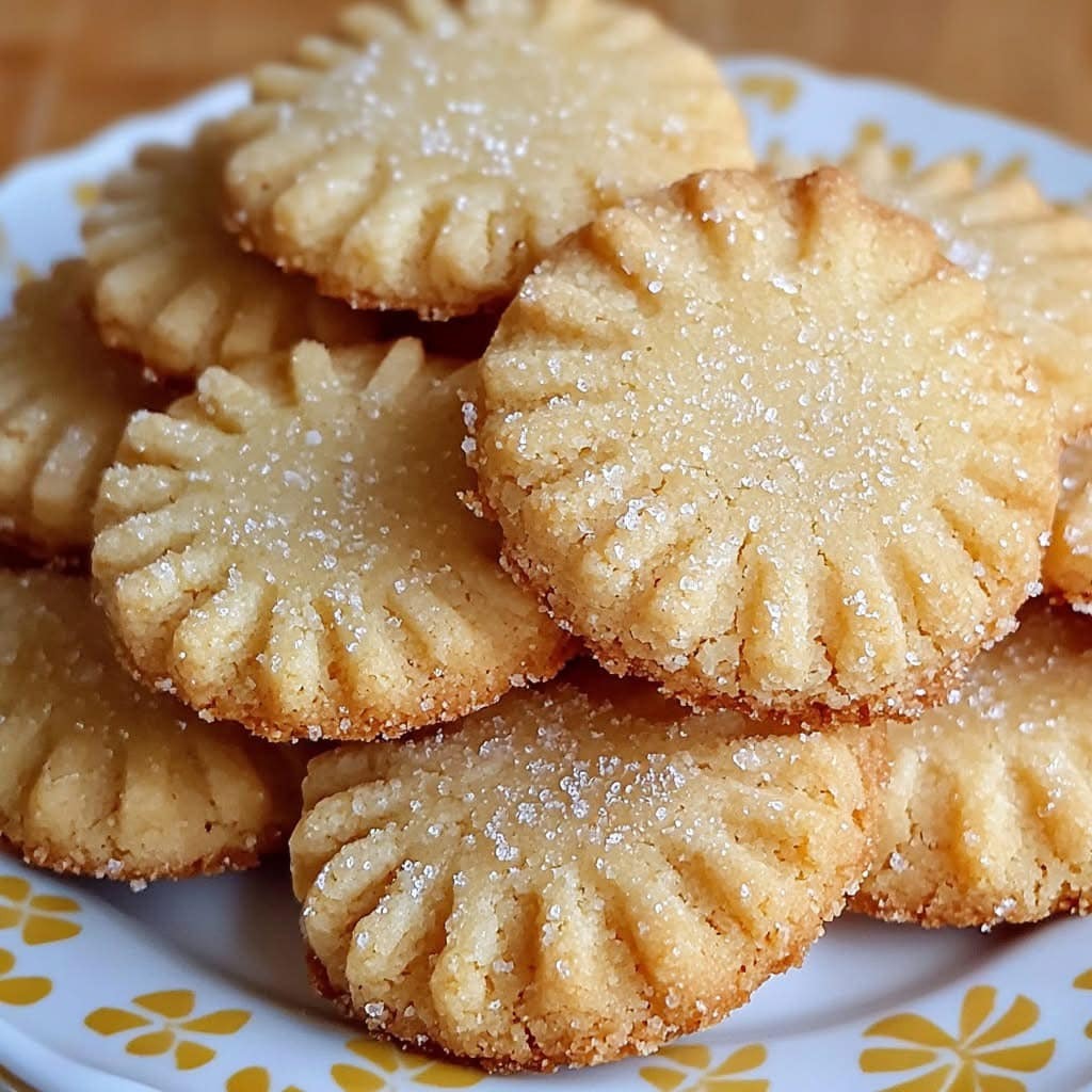 Sablés dorés maison, légèrement saupoudrés de sucre, disposés sur une assiette en porcelaine avec une tasse de thé à côté.