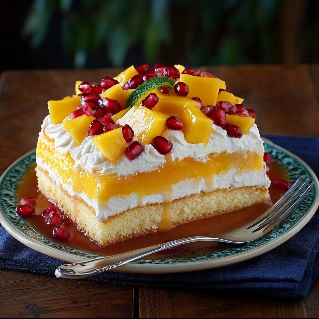 Gâteau Tres Leches aux fraises, garni de chantilly et de fraises fraîches, présenté sur une assiette blanche avec une cuillère en argent.