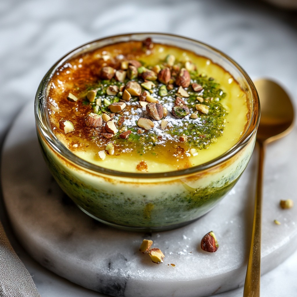 Crème brûlée à la pistache, dorée et croustillante sur le dessus, parsemée de pistaches concassées dans un ramequin blanc.