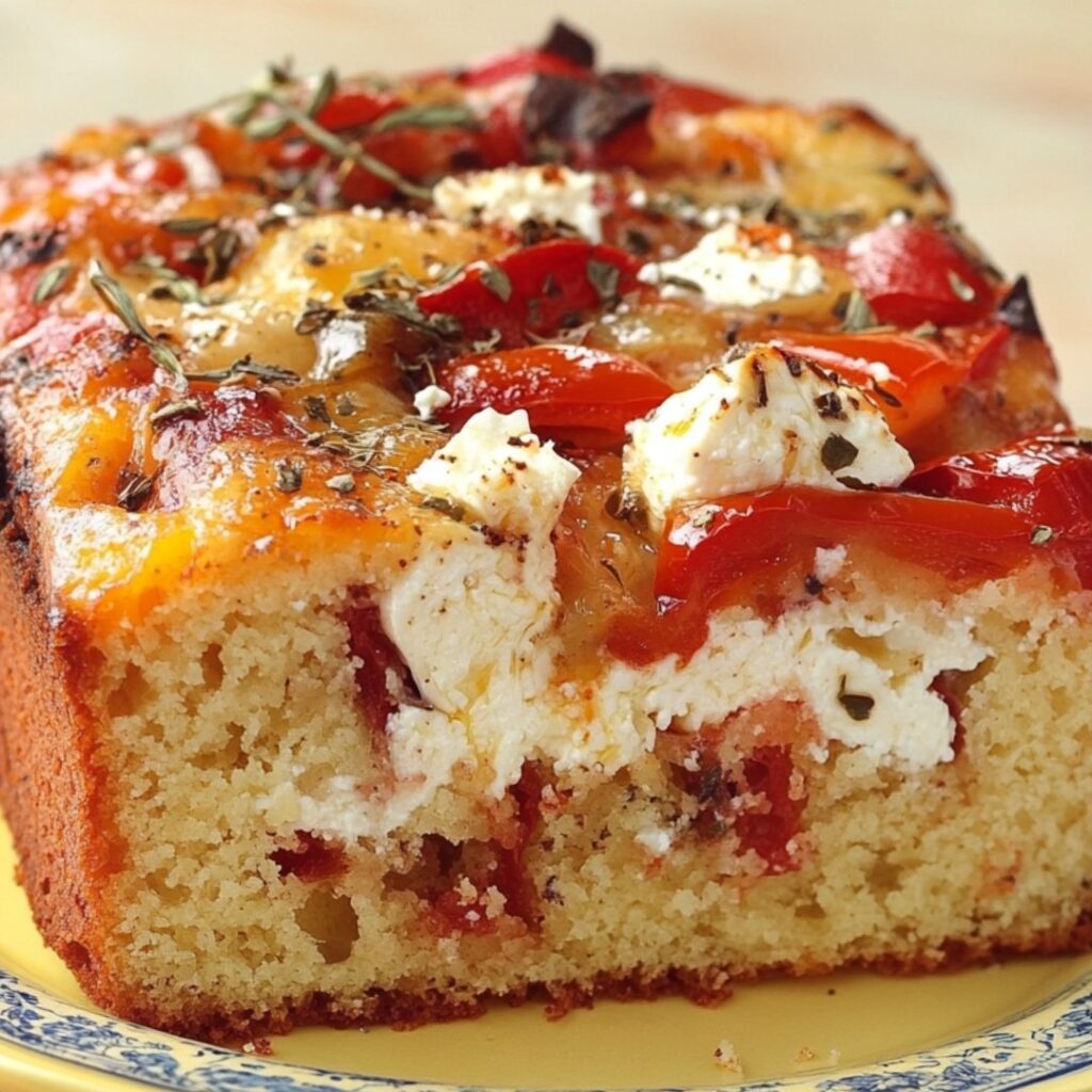 Cake salé aux poivrons rouges et au fromage, doré sur le dessus, tranché et servi sur une planche en bois.